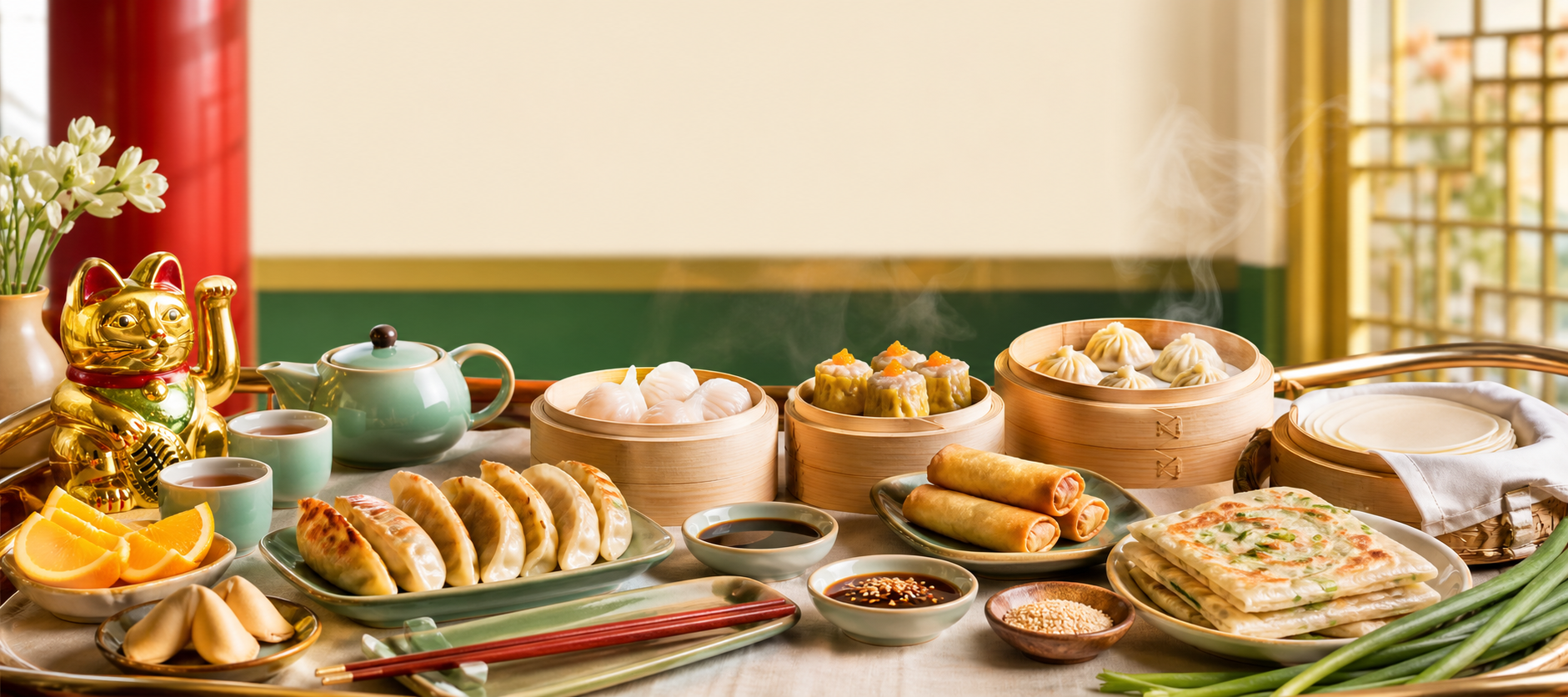 Dim sum cart with dumplings, tea, oranges, fortune cookies, chopsticks, and a lucky cat